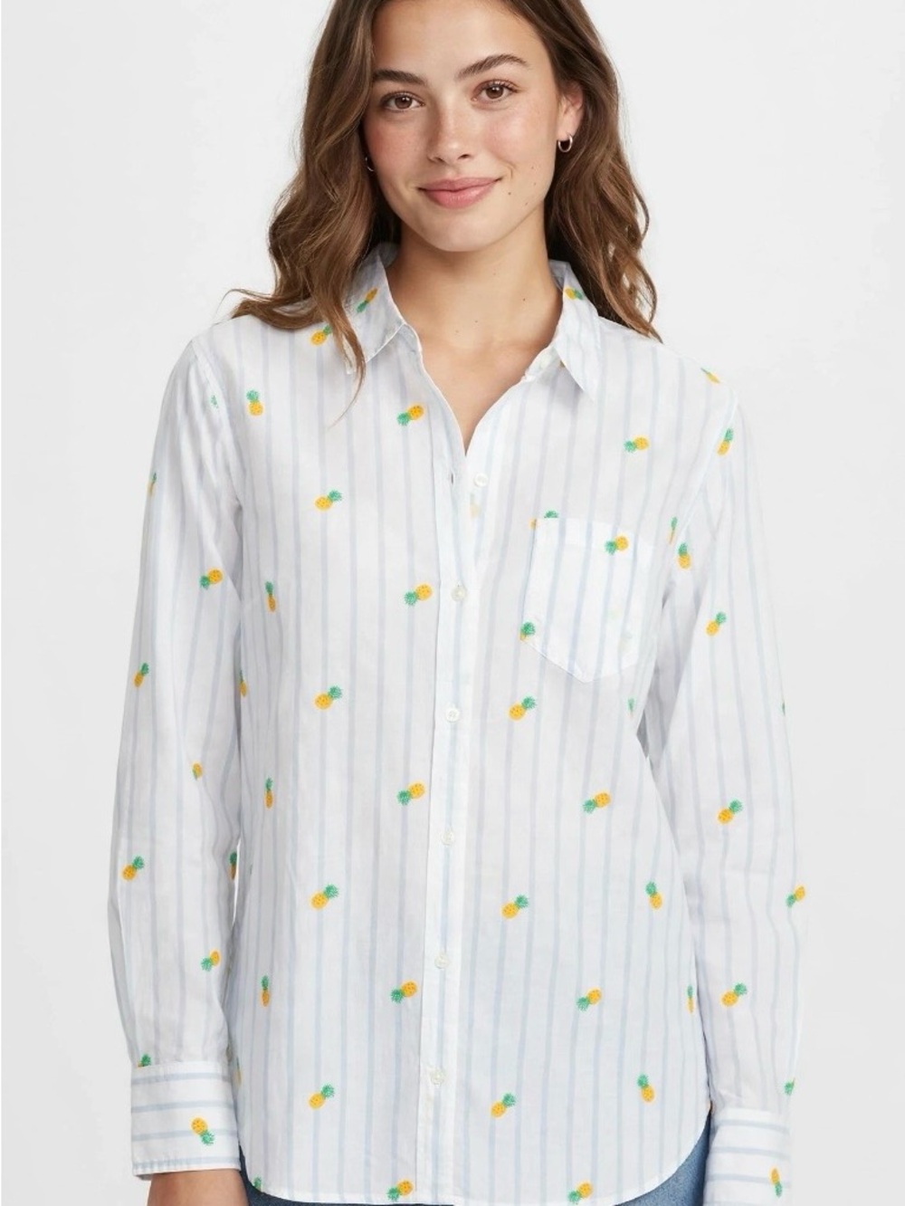 Gap Factory White Stripe Button-down Shirt w/Yellow Pineapple Print boyfriend